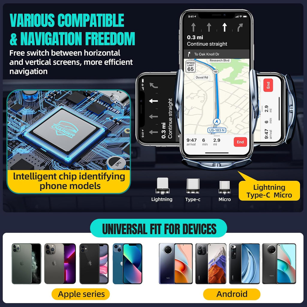 Wireless Car Charger, MAX 15W Fast Charging Auto Clamping, Sensing Phone Holder Mount, fit for iPhone 16 15 14 13 12 Pro Max Xs X, Samsung Galaxy S24 Ultra S23 S22 S21 S20 Note20 (1-Silver)