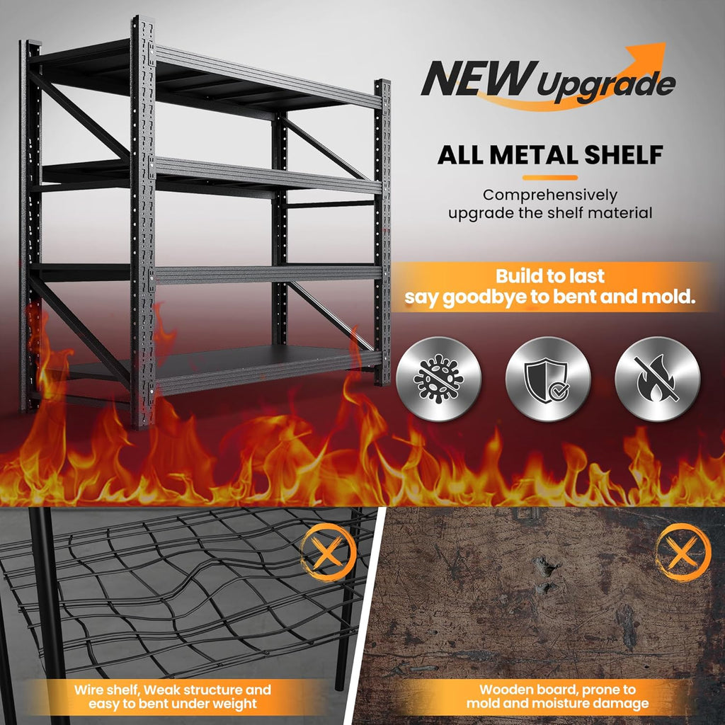 60” W Heavy Duty Garage Shelving, 5000LBS Metal Storage Shelves, 4 Tier Storage Rack Shelf, Steel Industrial Shelving, Adjustable Standing Shelf for Basement/Warehouse 60" W x 24" D x 70" H, Black