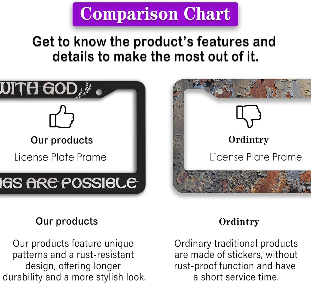 License Plate Frame Black and White Front License Plate Bracket with God All Things are Possible Universal Aluminum Car Accessory 2 Pack with Screw Covers Set