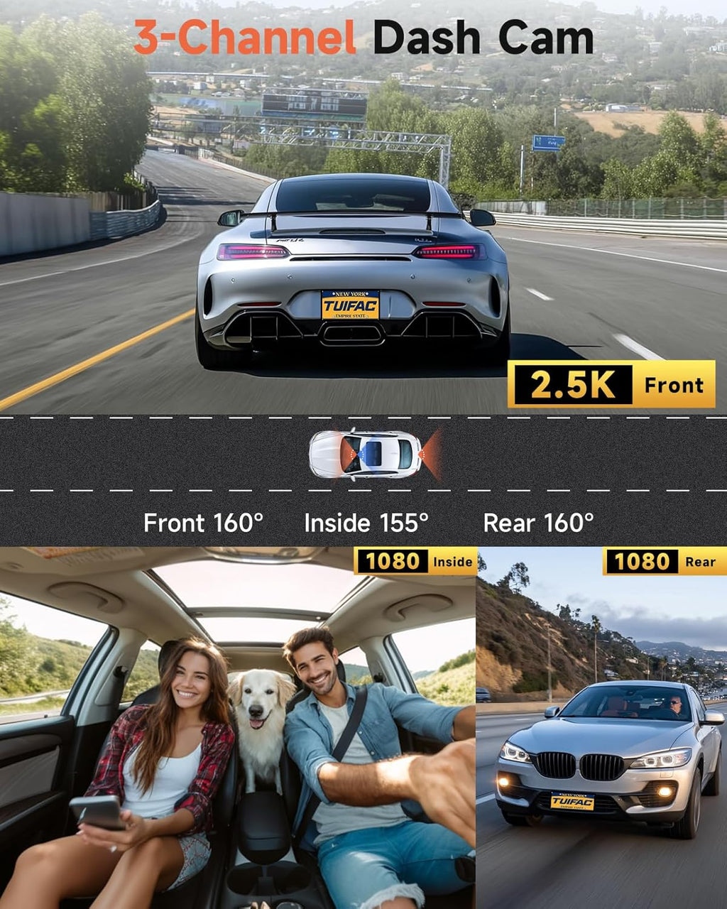 3 Channel Dash Cam, Dash Camera 2.5K Front and Dual 1080P Inside/Rear with 64GB Card, Wi-Fi Dash Cam Front and Rear, Night Vision, G-Sensor, 24H Parking, Loop Recording, 1.97”IPS, Support 256GB