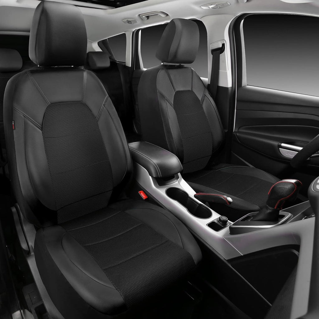 CAR PASS Leather Two Front Car Seat Cover; 4Pcs Waterproof Car Floor Mats & Steering Wheel Cover,Universal Fit Airbag Compatible Automotive Interior Covers (Combo Set, Black)