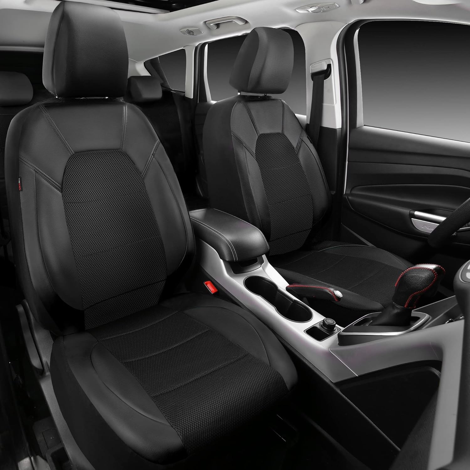 CAR PASS Leather Two Front Car Seat Cover; 4Pcs Waterproof Car Floor Mats & Steering Wheel Cover,Universal Fit Airbag Compatible Automotive Interior Covers (Combo Set, Black)