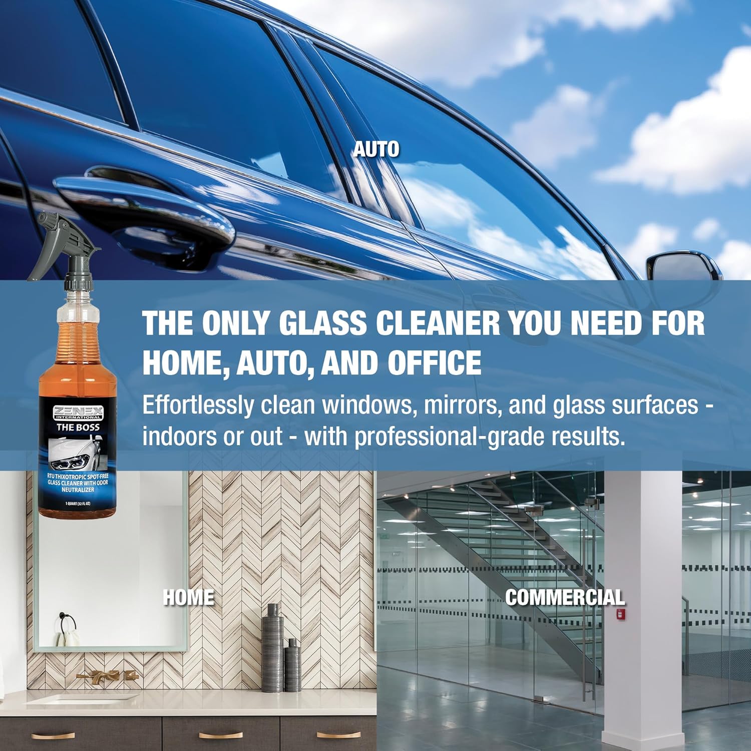 Zenex The Boss Glass Cleaner - Professional-grade Glass Cleaner | Removes Grime from Glass Surfaces - Mirrors, Windows, & More | Not For Tinted Glass | Spot-Free, Streak-Free Finish | 32 oz (2 Pack)