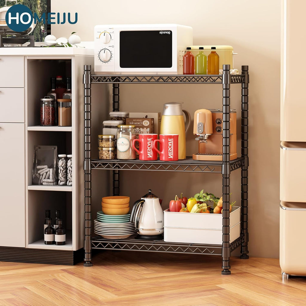 Homeiju 3-Shelf Storage Rack,Adjustable Height Metal Shelving Unit,Heavy Duty Storage Shelving Unit,Wire Rack Shelving,Garage Organizer for Home,Kitchen,Office,Pantry,Garage（13.5"D x 23.4"W x 31"H）