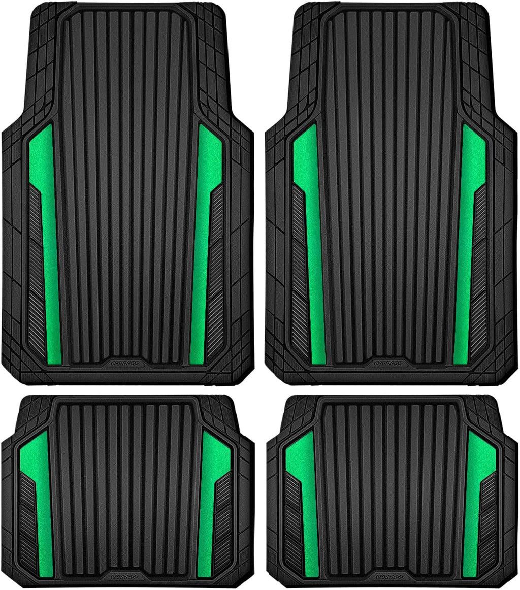 CAR PASS Heavy Duty Rubber Car Mats Metallic,Aluminum Film All Weather Floor Mats Waterproof Universal Trim to Fit SUVs Sedans Vans 4 Piece Anodized Deep Dish Two-Tone Sporty Black Green Chrome