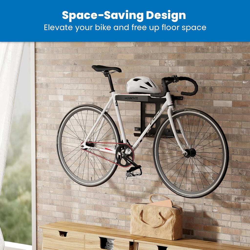 Mount-It! Bike Wall Mount Rack with Shelf and Hooks, Horizontal Indoor Bike Rack Garage Home, Space Saving Wall Mounted Hanger for a Single Road, Mountain or Other Bicycle with Extra Storage, Black