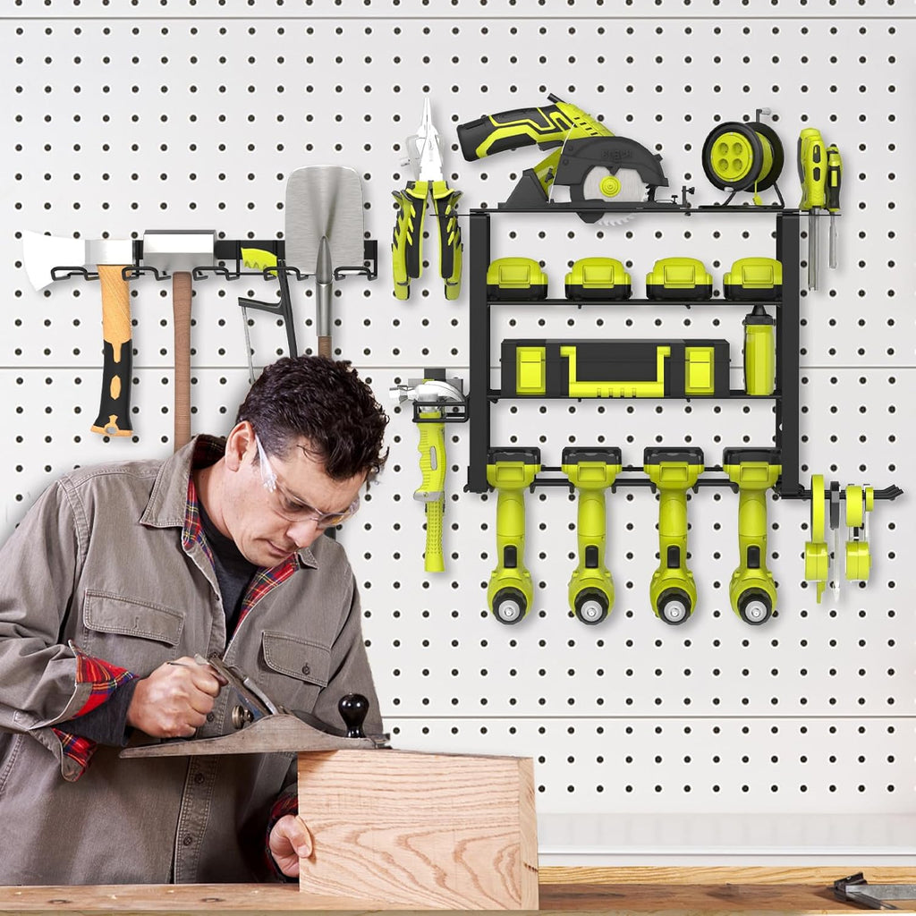 5 Layers 2 IN 1 Power Tool Organizer Wall Mount for Dad, 8 Cordless Drill Holder Garage Organization Heavy Duty Metal Loads 250LBS, Garage Shelving for Garden Power Tool Storage, Tool Rack for Men