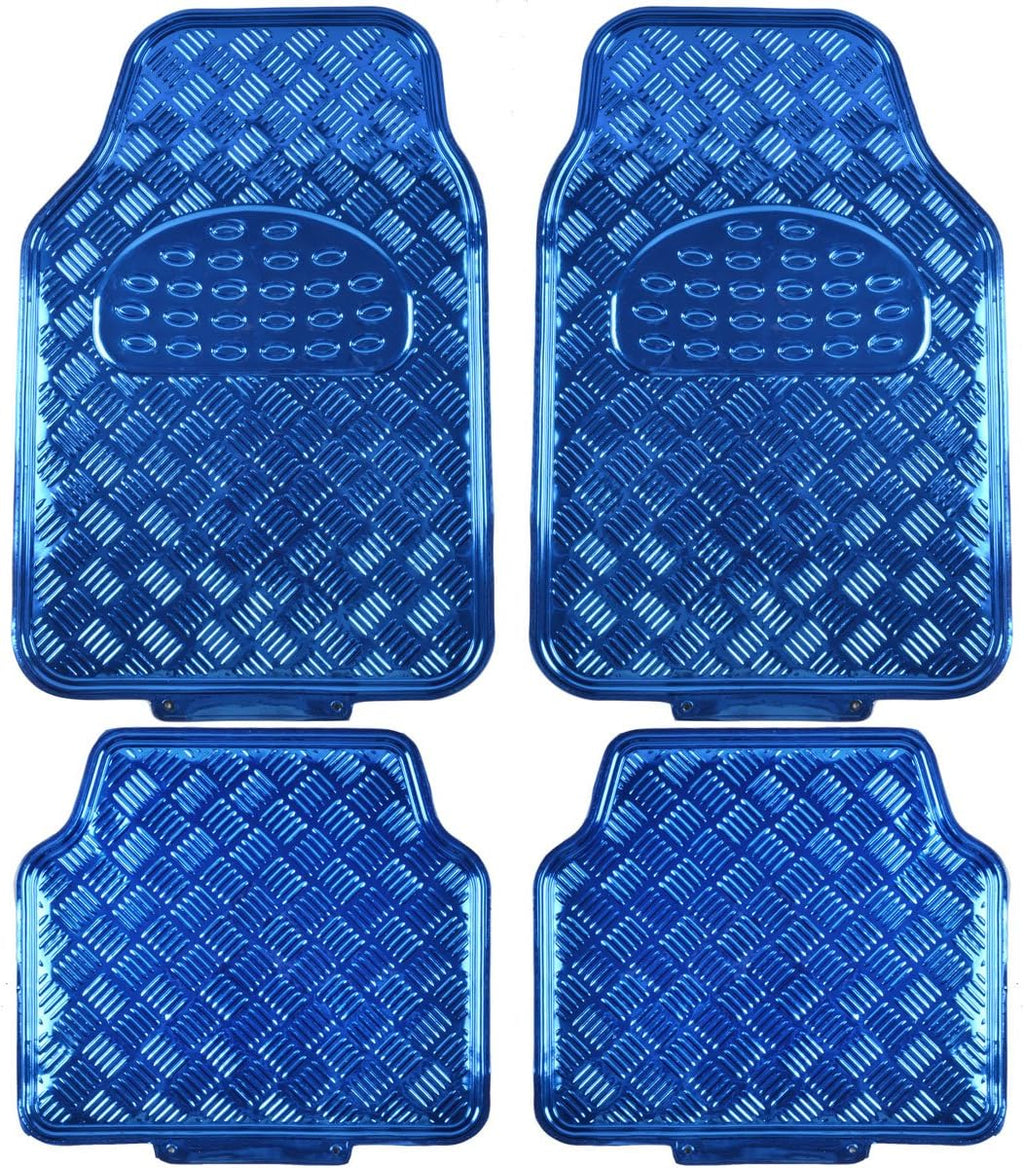 BDK 4-Piece All-Weather Universal Fit Front & Rear Floor Mats for Cars Trucks SUVs Vans, All-Weather Easy-to-Clean Diamond Metal Pattern Durable Heavy Duty Non-Slip Protection - Metallic Blue