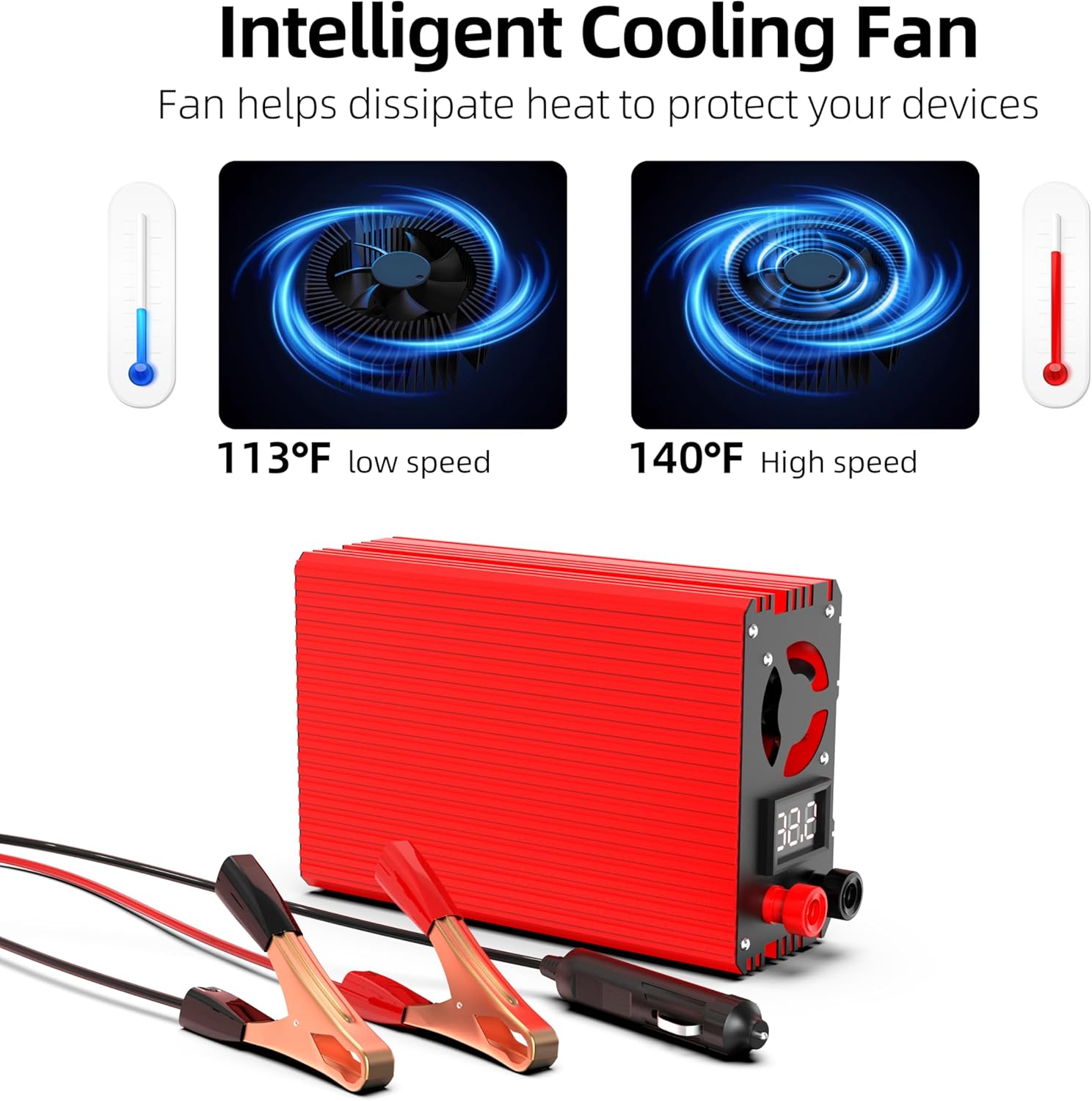 SUNWHEEL 500W Power Inverter DC 12V to 110V AC Car Inverter with 2 x 3.1A USB Ports and Dual AC Outlet, Equipped with 1 Cigarette Lighter and 2 Battery Clamps for Road Trip and Camping