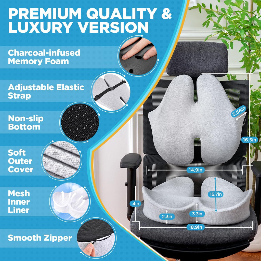 BEAUTRIP Seat Cushion & Lumbar Support Pillow for Office Chair, Car & Wheelchair - Ergonomic Coccyx Cushion for Tailbone, Sciatica & Back Pain Relief - Extra-Dense Charcoal Memory Foam Chair Cushions
