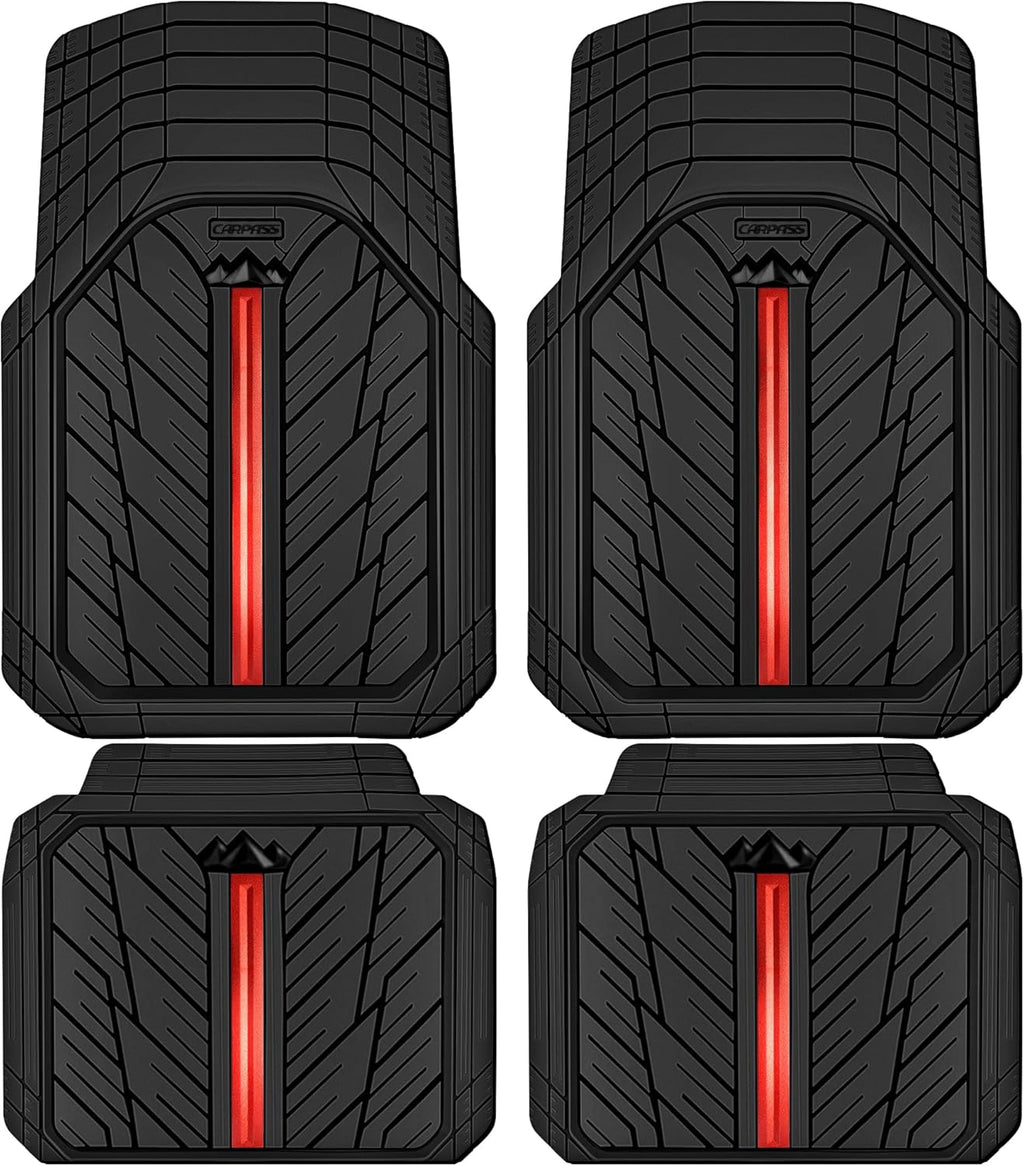 CAR PASS Metal Medium Rubber Floor Mats for Car Heavy Duty Car Mats All Weather, Universal Trim to Fit for Truck SUV Vehicle Automotive Floor Mats, Waterproof Car Mats 4 Piece Black and Red
