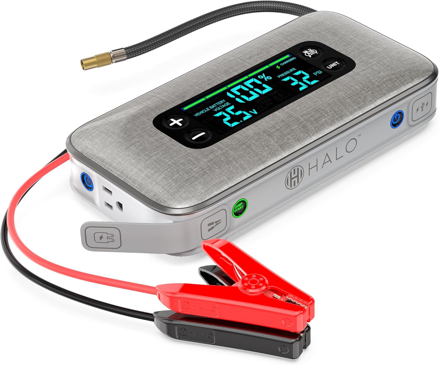 HALO Bolt Ultimate 3 Portable Car Battery Jump Starter | 130 PSI Air Compressor, 55.5Wh USB Power Bank, Large Display, Emergency Floodlight & Charger, Jumps Cars SUVs & Trucks, Inflates Tires — Silver