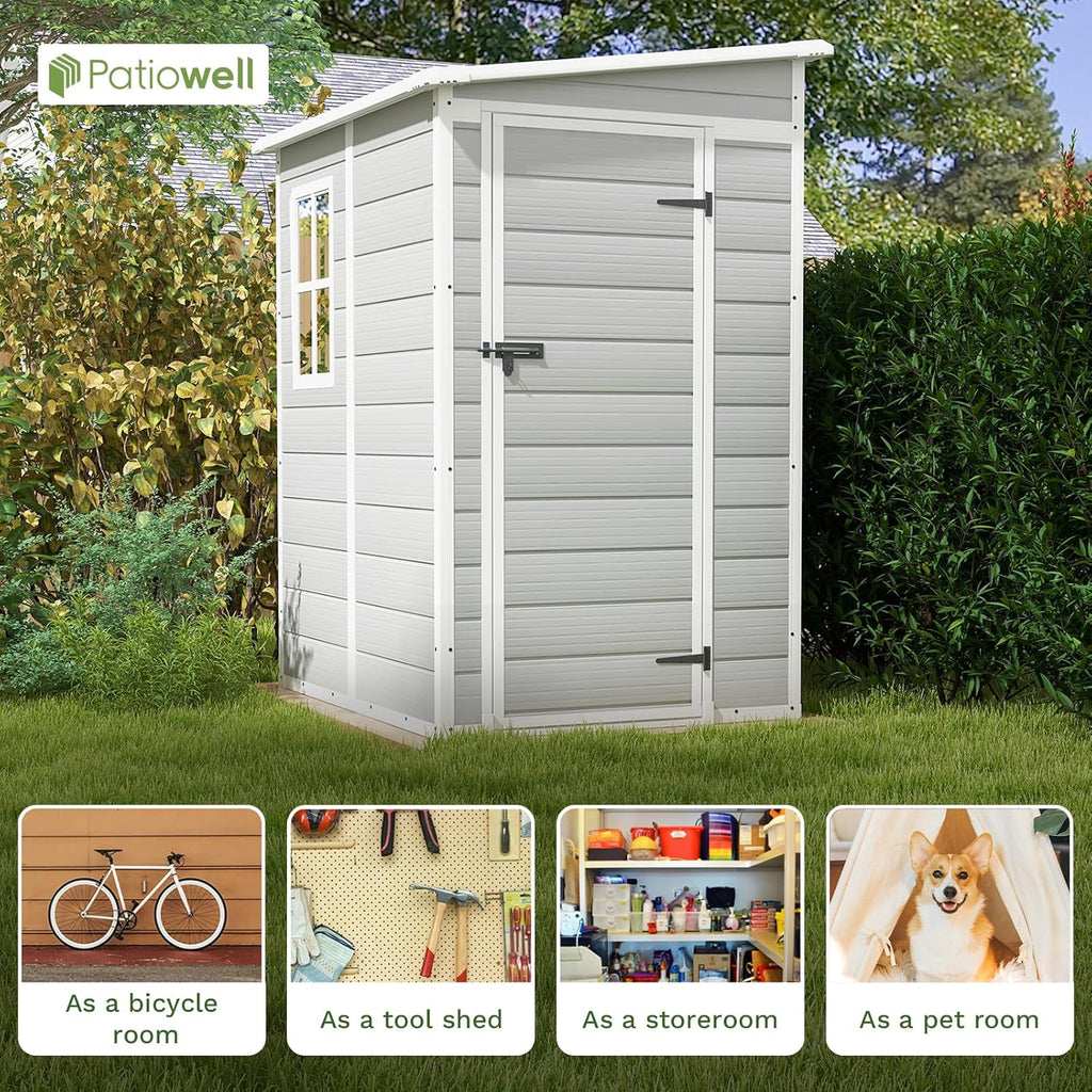 Patiowell 5x4 FT Outdoor Storage Shed, Resin Storage Shed with Floor & Lockable & Window Door for Patio Furniture, Garden Tools and Bicycle, White & Grey