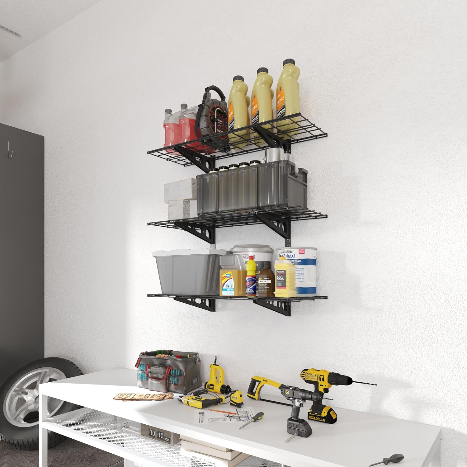 FLEXIMOUNTS 3 Tier 1x3ft Garage Storage Wall Shelving, 12x36inch per Shelf Height Adjustable Floating Shelves, 450lbs Total Weight Capacity, Black
