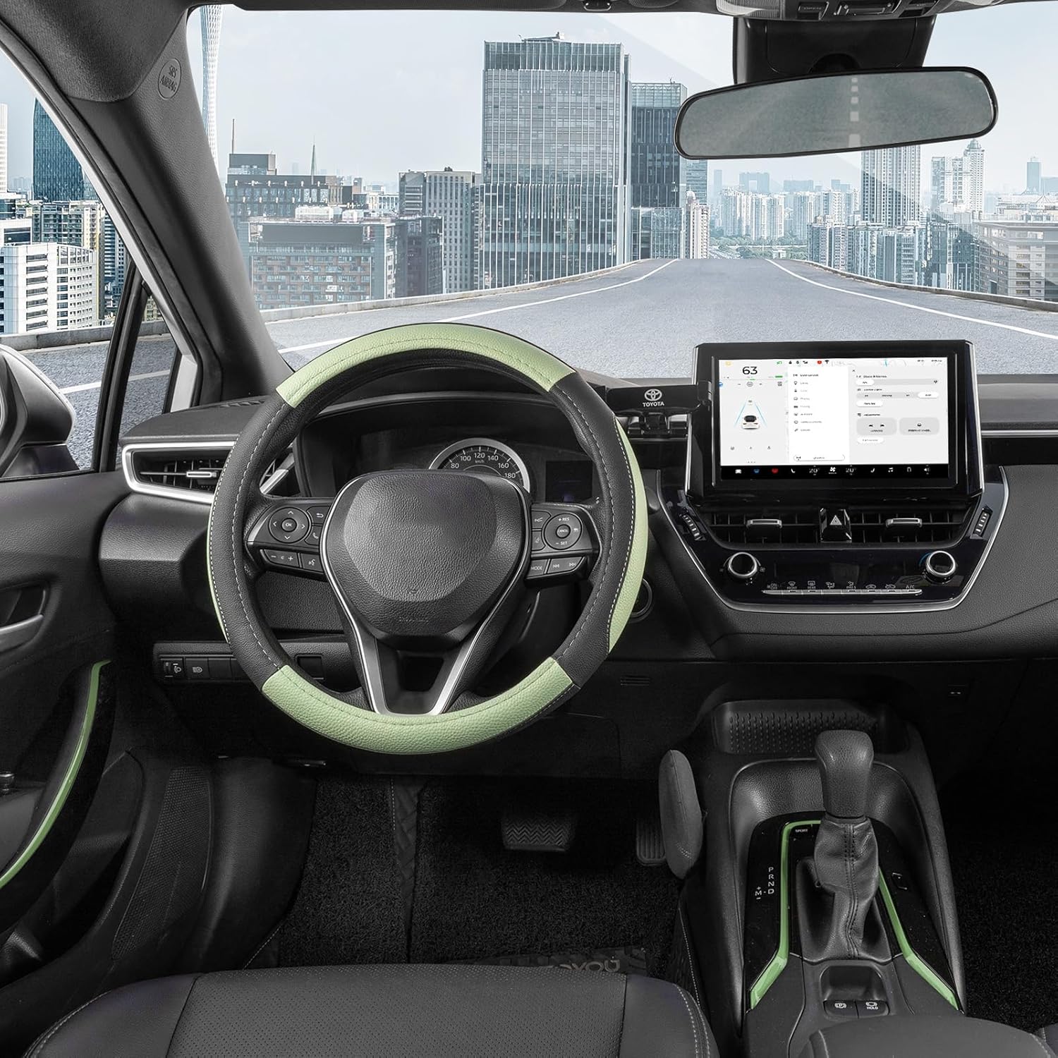 SEG Direct Steering Wheel Cover for Car, Standard Size 14.5-15 inch, Auto Interior Accessories, Black and Pastel Green