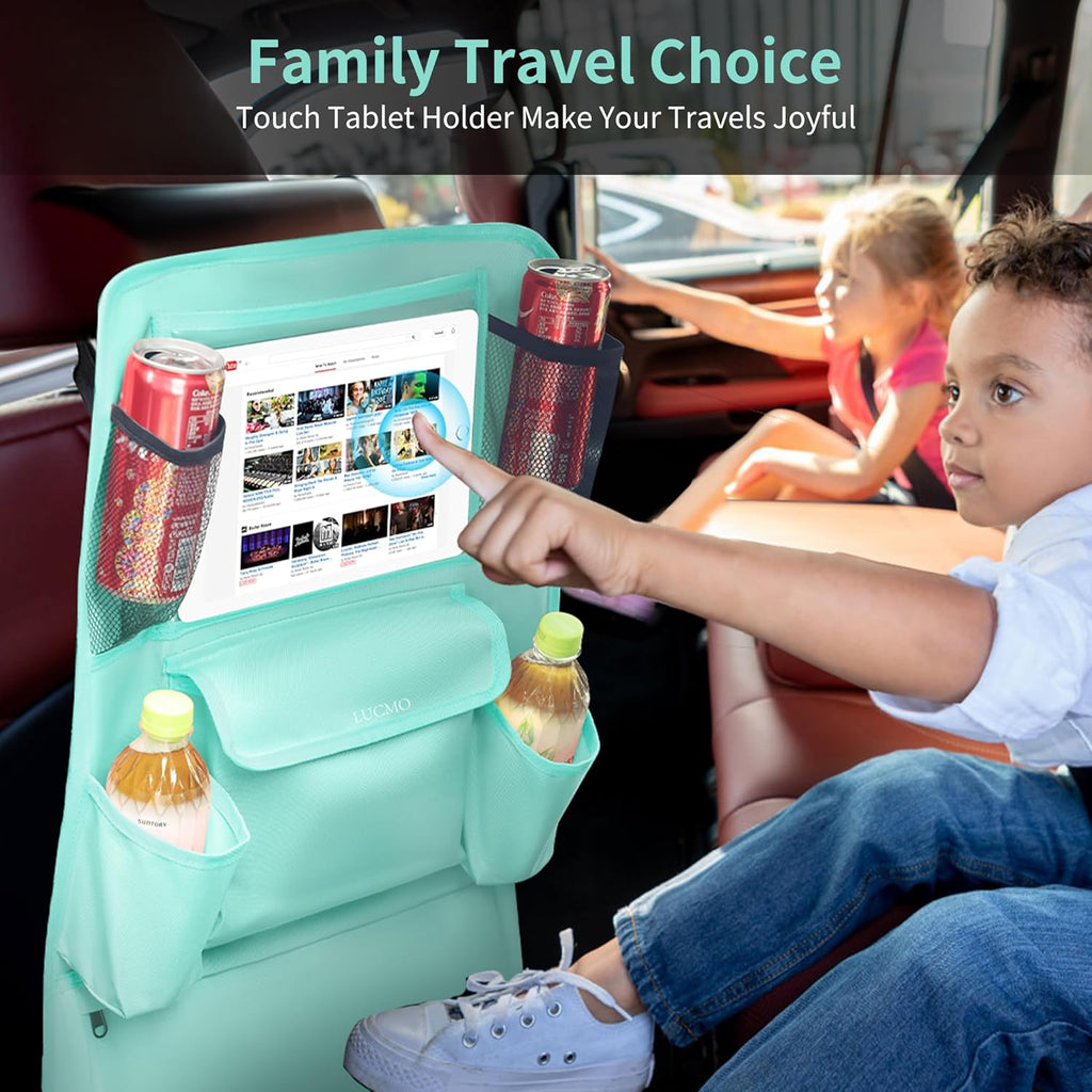 LUCMO Car Backseat Organizer with Touch Screen Tablet Holder,9 Storage Pockets Car Storage Organizer,Protectors Kick Mats Travel Accessories for Kids-Light Blue