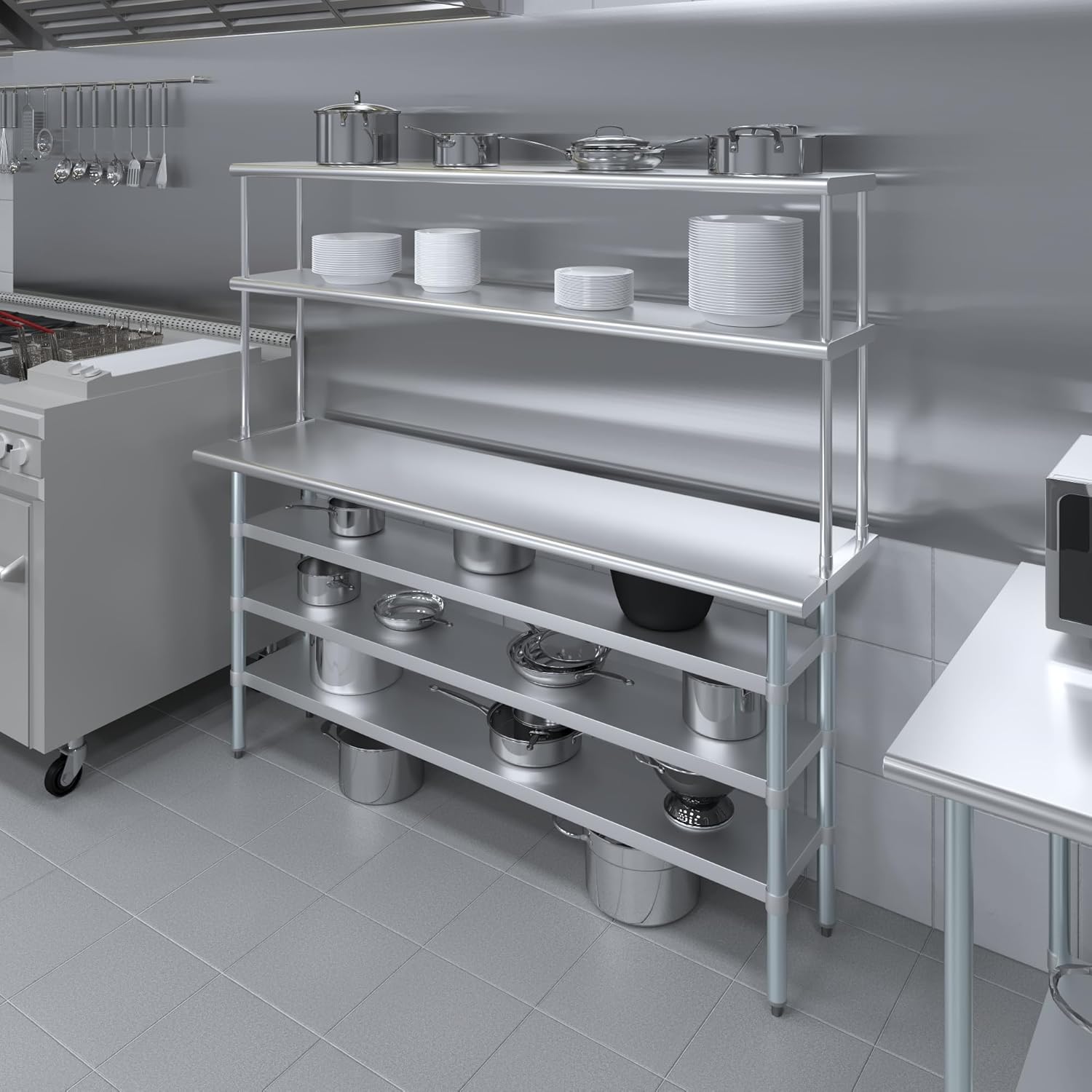 Amgood 18" x 72" Stainless Steel Work Table with 3 Shelves and 12" Wide Double Tier Overshelf | Metal Kitchen Prep Table & Shelving Combo | NSF