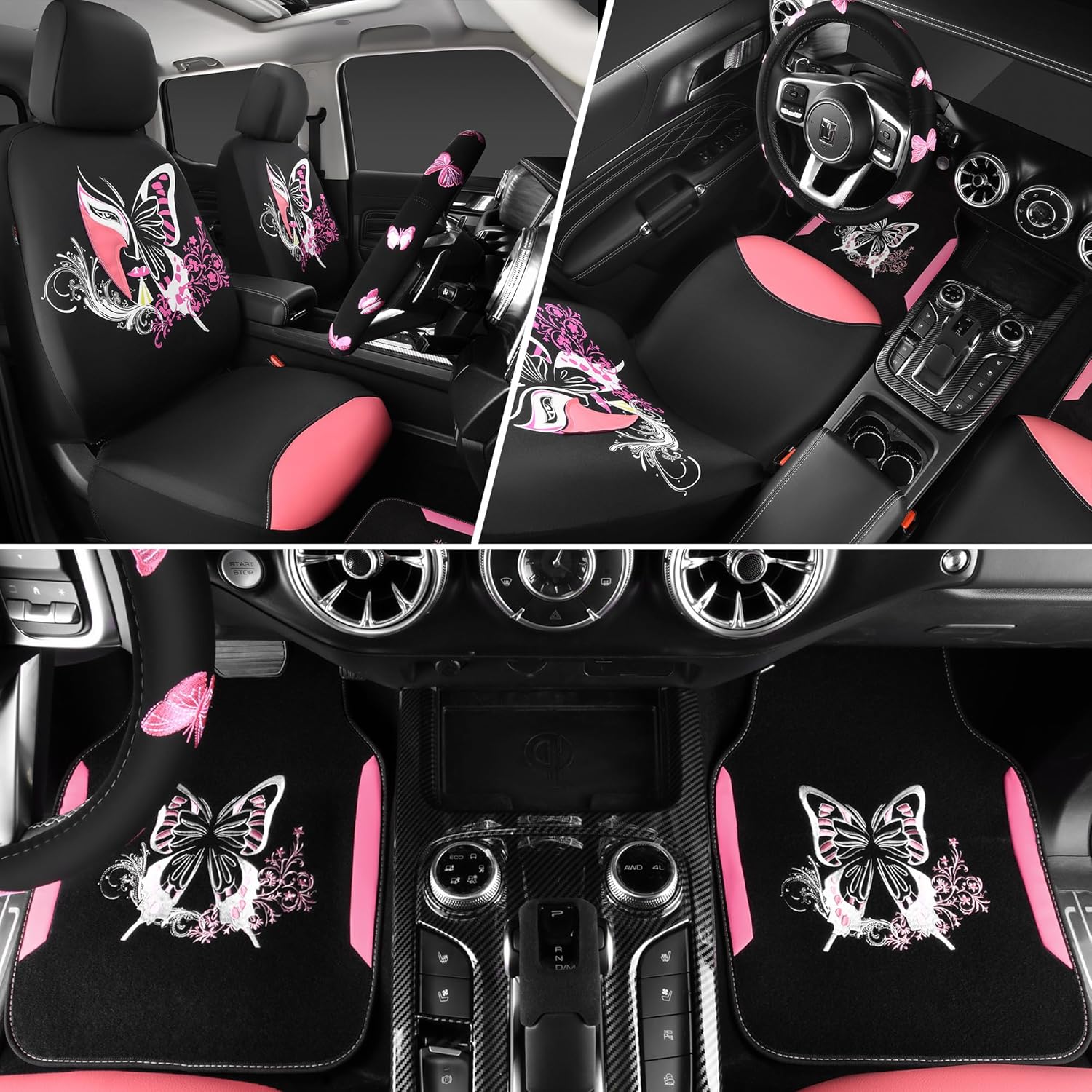 CAR PASS Pink Leather & Gaberdine Butterfly Car Seat Covers Full Set with Waterproof Car Floor Mats and Embroidered Butterflies Steering Wheel Cover for Interior Sets ((Black & Pink)