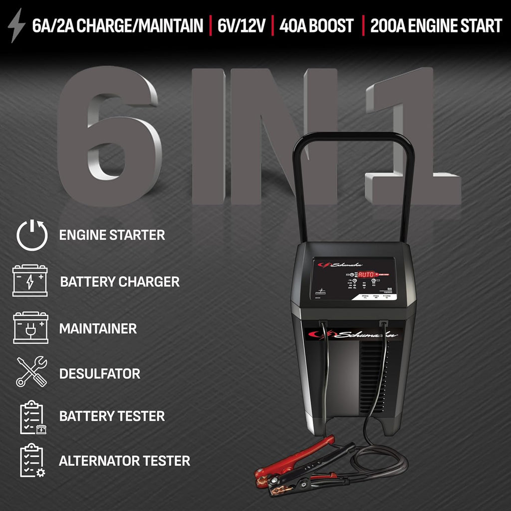 Schumacher Electric Wheeled Battery Charger and Engine Starter, SC1353, 6-in-1, Fully Automatic, with Diagnostics, 200 Cranking Amps, 40 Amp Boost Mode, 6V, 12V, for Car, Truck, and Marine Batteries