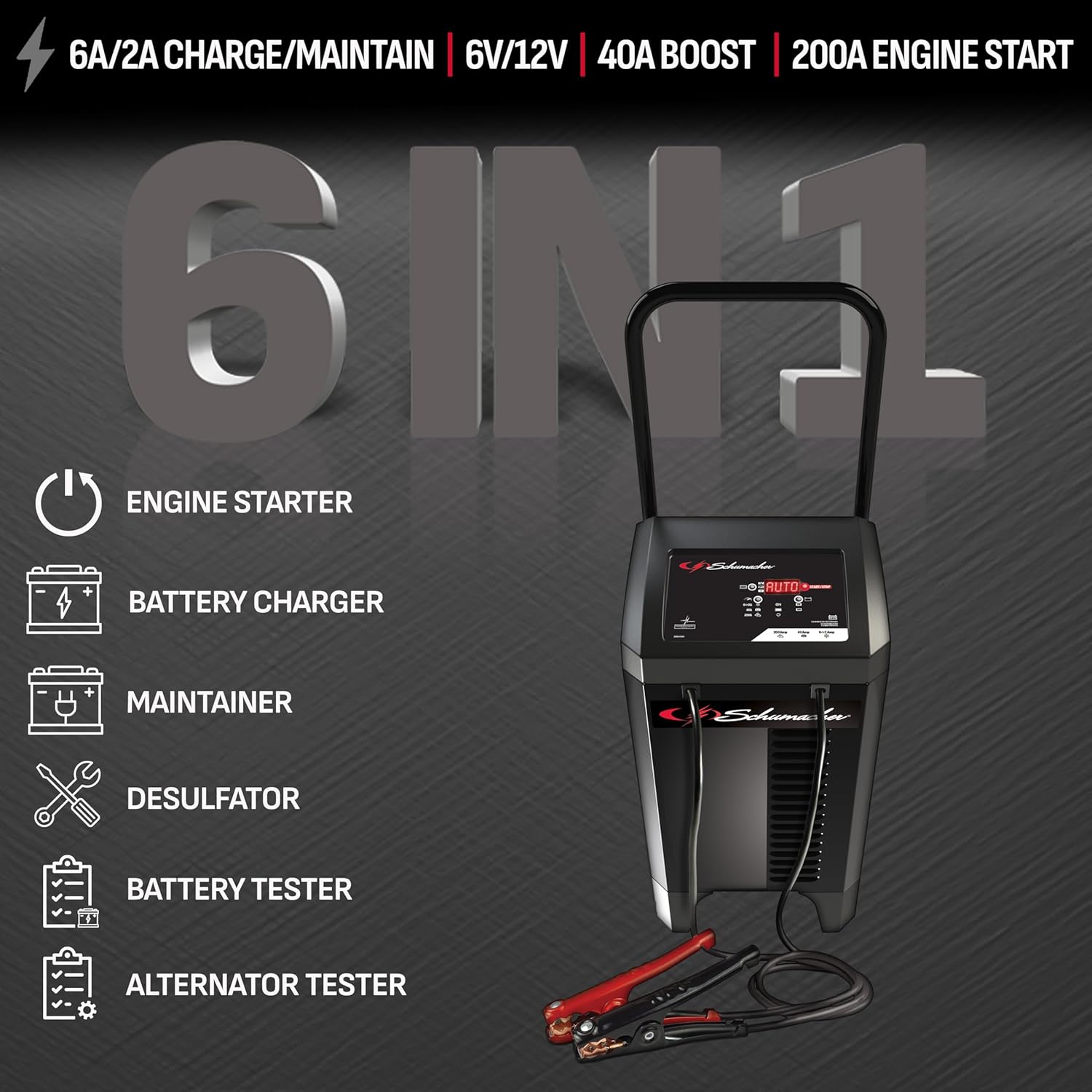 Schumacher Electric Wheeled Battery Charger and Engine Starter, SC1353, 6-in-1, Fully Automatic, with Diagnostics, 200 Cranking Amps, 40 Amp Boost Mode, 6V, 12V, for Car, Truck, and Marine Batteries