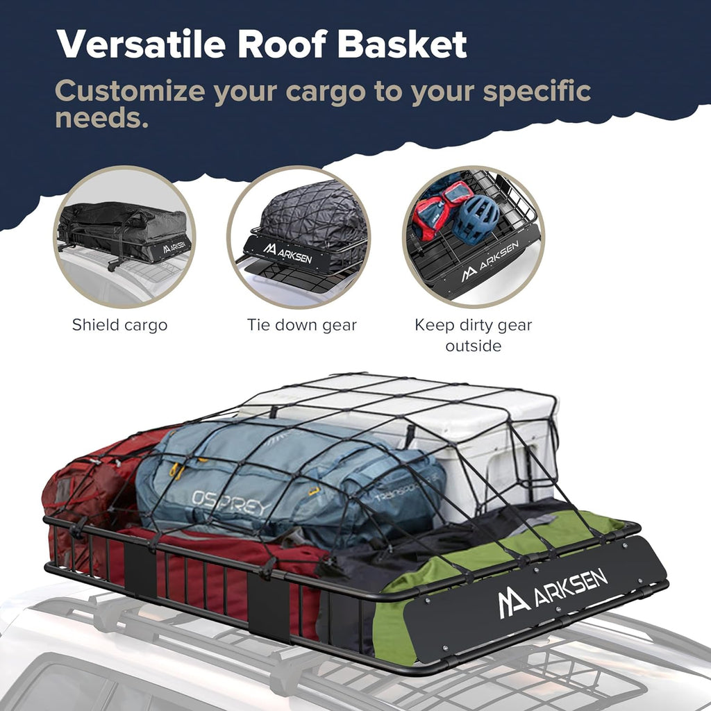 ARKSEN 64 x 39 x 6 Inch Universal 150LB Heavy Duty Roof Rack Cargo with Cargo Net, Car Top Luggage Holder Carrier Basket with Extension for SUV, Truck or RV Camping Storage Steel Construction