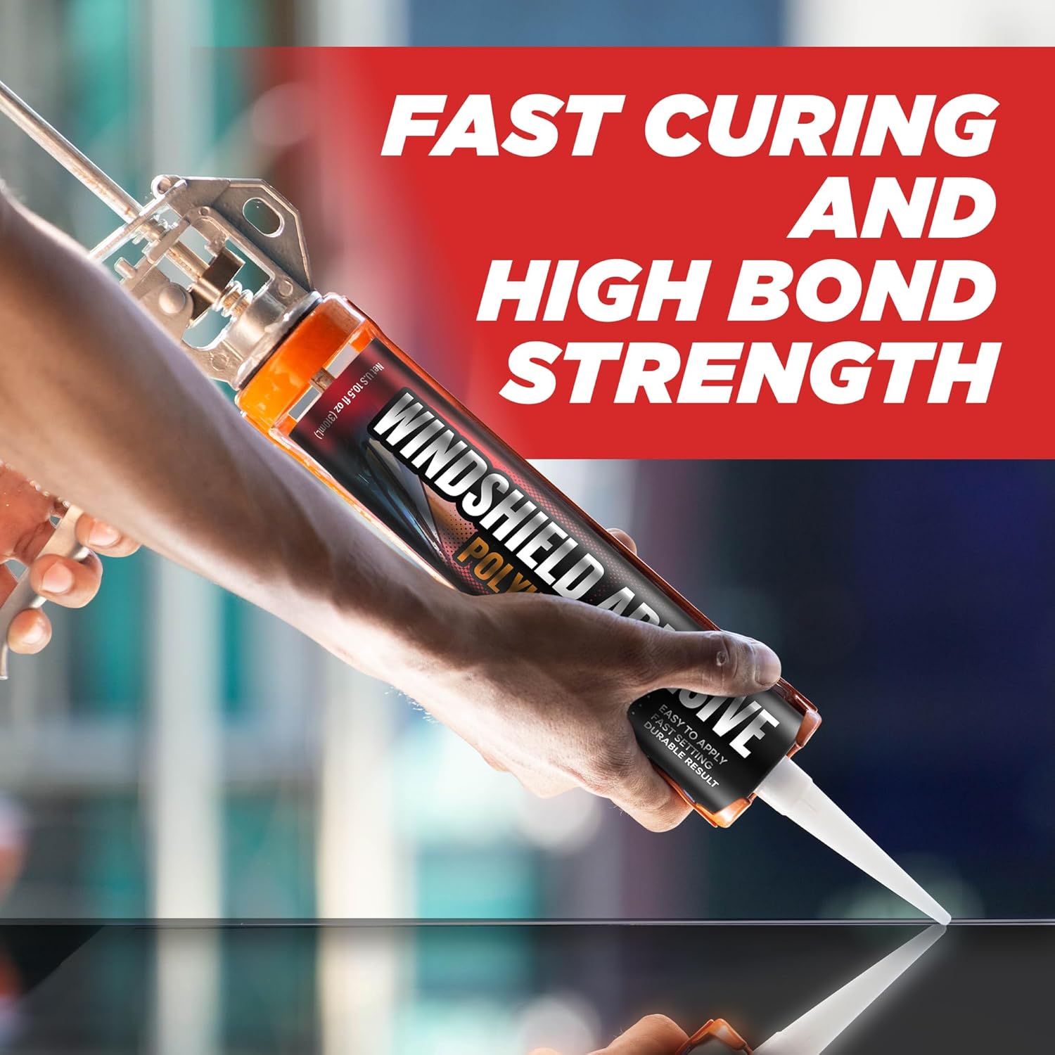 Polyurethane Windshield Adhesive - Quick Curing & Weather Resistant Auto Glass Adhesive, Vertical & Overhead Application, Windshield Repair Kit with Gloves, Applicator Tip & Cartridge - 310ml Black