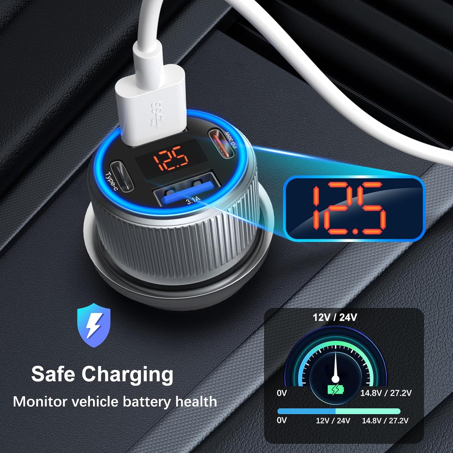 USB C Car Charger, 3 Pack 65W 12V Car Charger Adapter Multi Port QC 3.0+PD 30W Super Fast Cigarette Lighter Adapter Plug with Voltage Meter for iPhone 16/15/14/13/12/11 Pro Max,Samsung,Android(Gray)