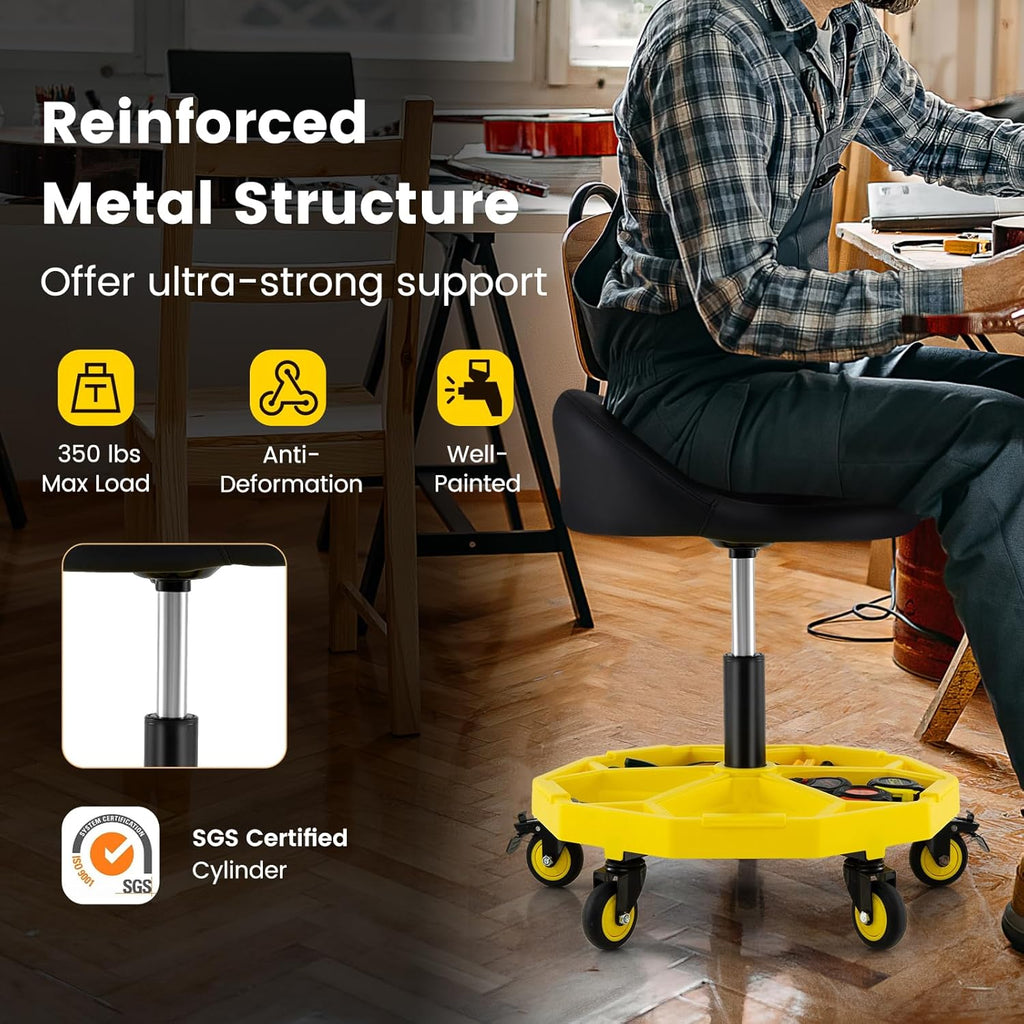 Goplus Rolling Garage Stool, 20”-25” Height Adjustable Mechanic Stool w/Magnetic Tool Tray, 2.5" Thick Padded Seat, Universal Lockable Wheels, Pneumatic Creeper Seat for Repair Shop, 350LBS Capacity