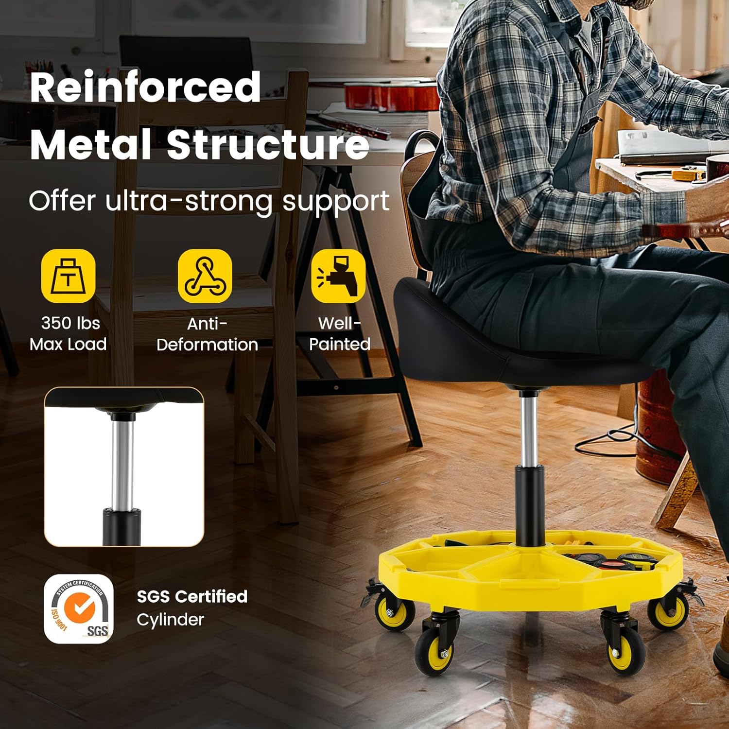 Goplus Rolling Garage Stool, 20”-25” Height Adjustable Mechanic Stool w/Magnetic Tool Tray, 2.5" Thick Padded Seat, Universal Lockable Wheels, Pneumatic Creeper Seat for Repair Shop, 350LBS Capacity