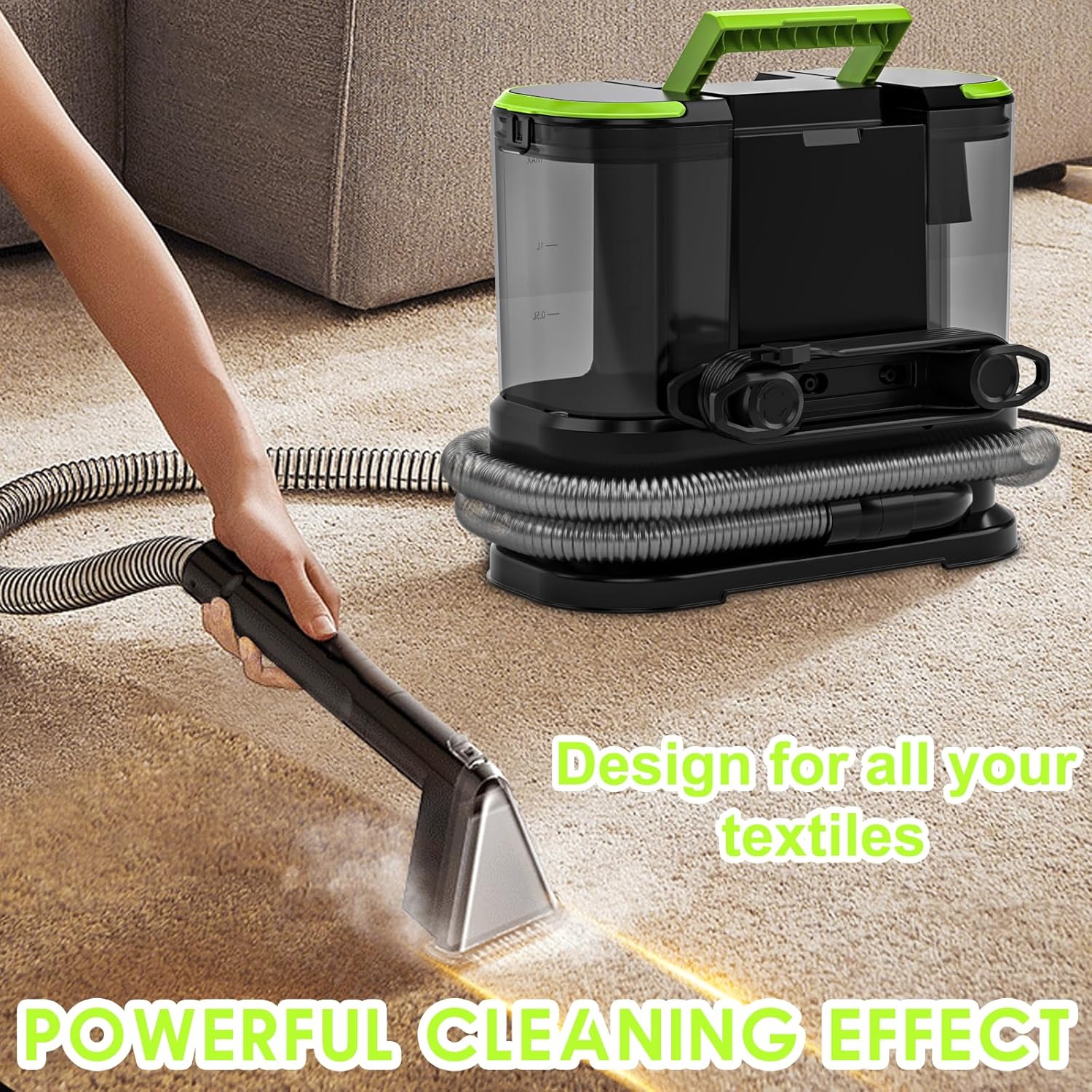 Portable Carpet & Upholstery Cleaner, Deep Cleaning for Rugs, Couch, Curtain, Car Interiors Stains, Pet & Family Friendly, 21 Kpa suction with 800W high-performance motor, 120V (Green)