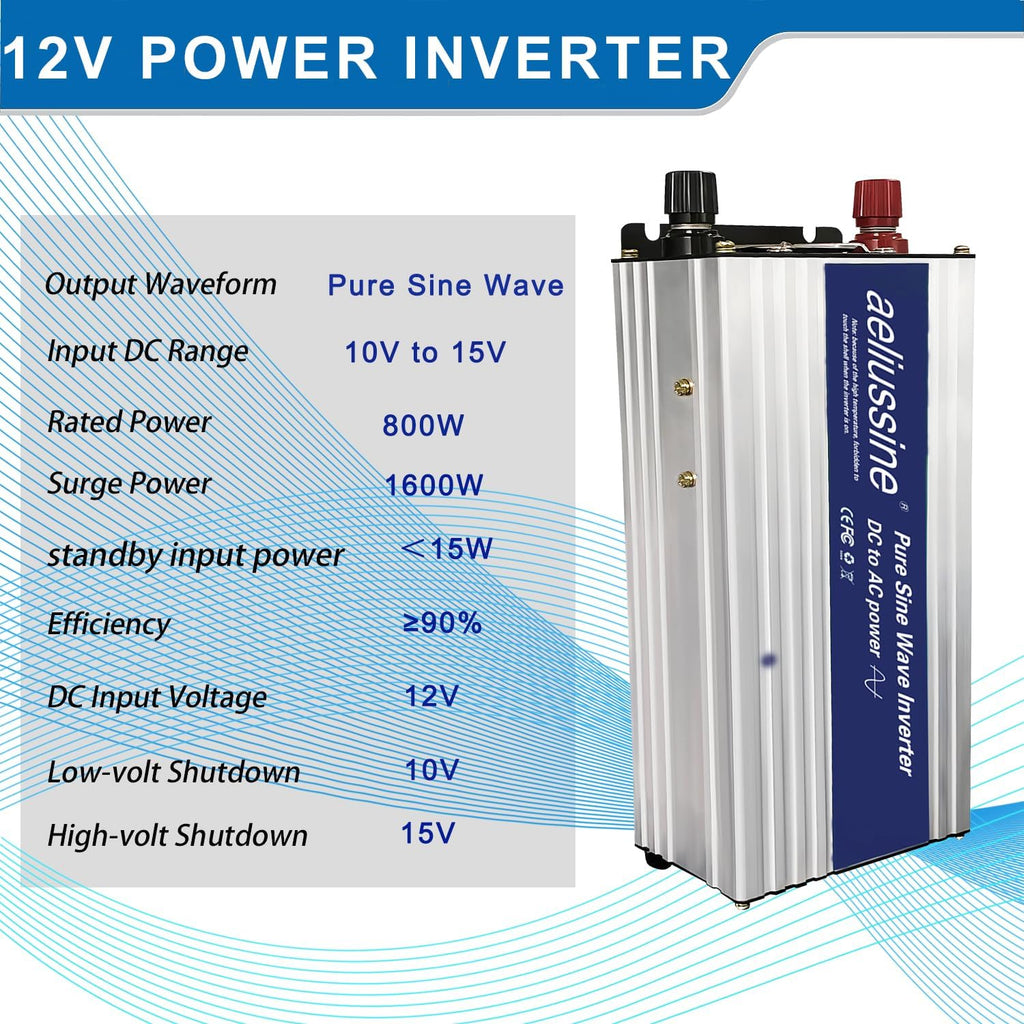 800W Pure Sine Wave Inverter-12V DC to 110V 120V AC Power Converter with 2 AC Outlets, 12 Volt Power Inverter for Truck, Rv, Camping, Home, Emergency Power