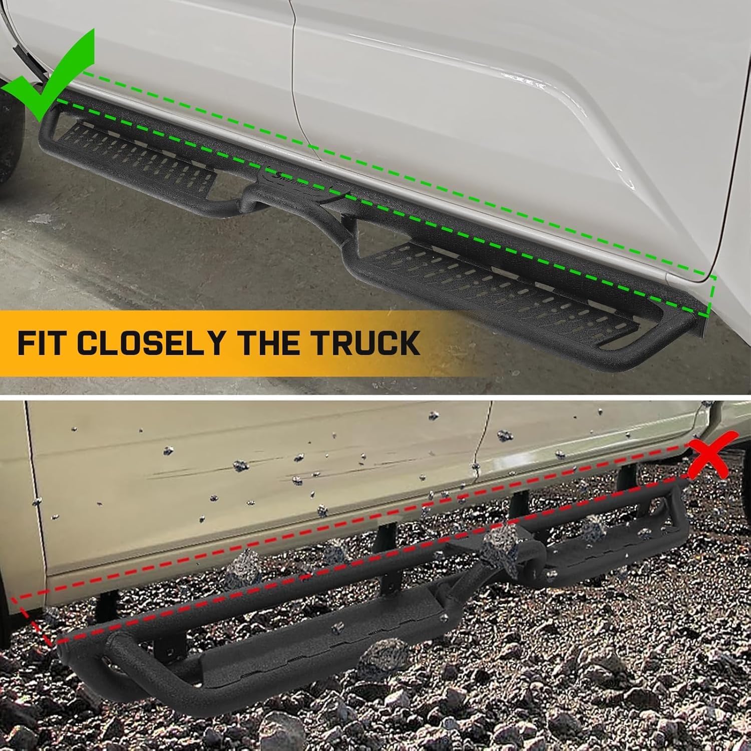 Running Boards Compatible with Vehicle 2004-2025 Nissan Titan Crew Cab, 2016-2025 Titan XD Crew Cab, Two-Stair Side Steps, 6 Inch Black Step Bars, Truck Nerf Bars with Middle Steps.