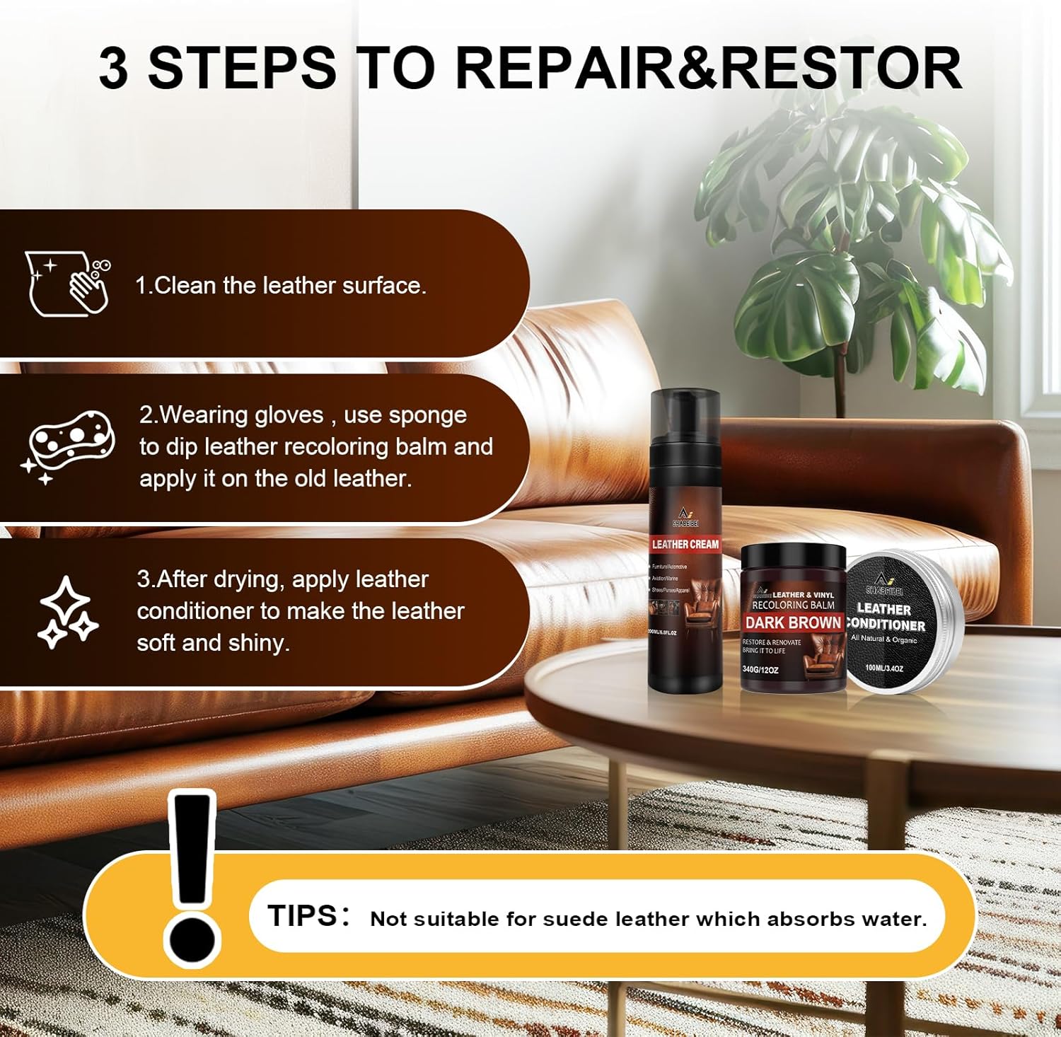 Leather Recoloring Balm Set,Leather Cleaner Restore Conditioner Mink Oil for Leather Repair Kit for Furniture Couches -Revives Repairs Scratches Leather Dye Furniture Polish (White)