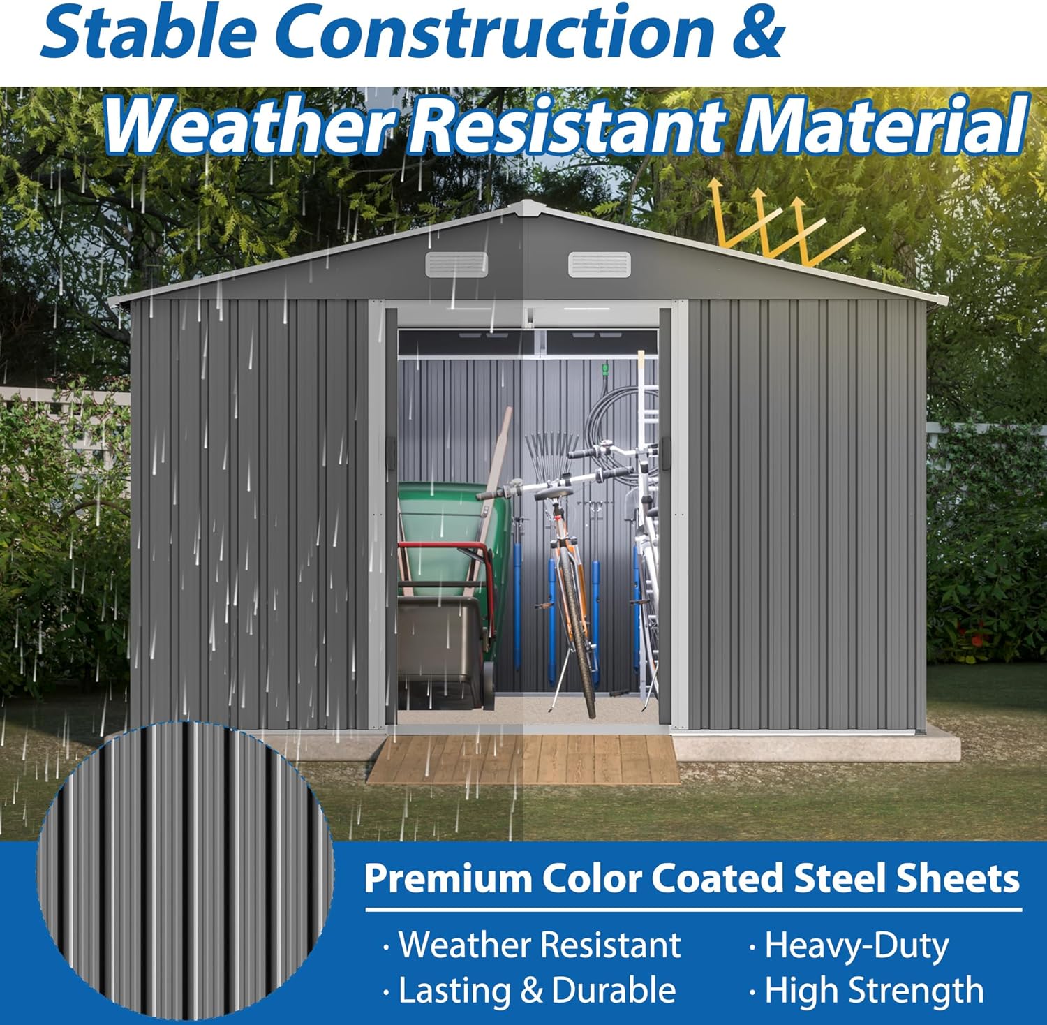 10X8 FT Outdoor Tool Storage Shed with Metal Foundation & Lockable Doors, All Weather Metal Sheds for Garden, Patio, Backyard, Lawn