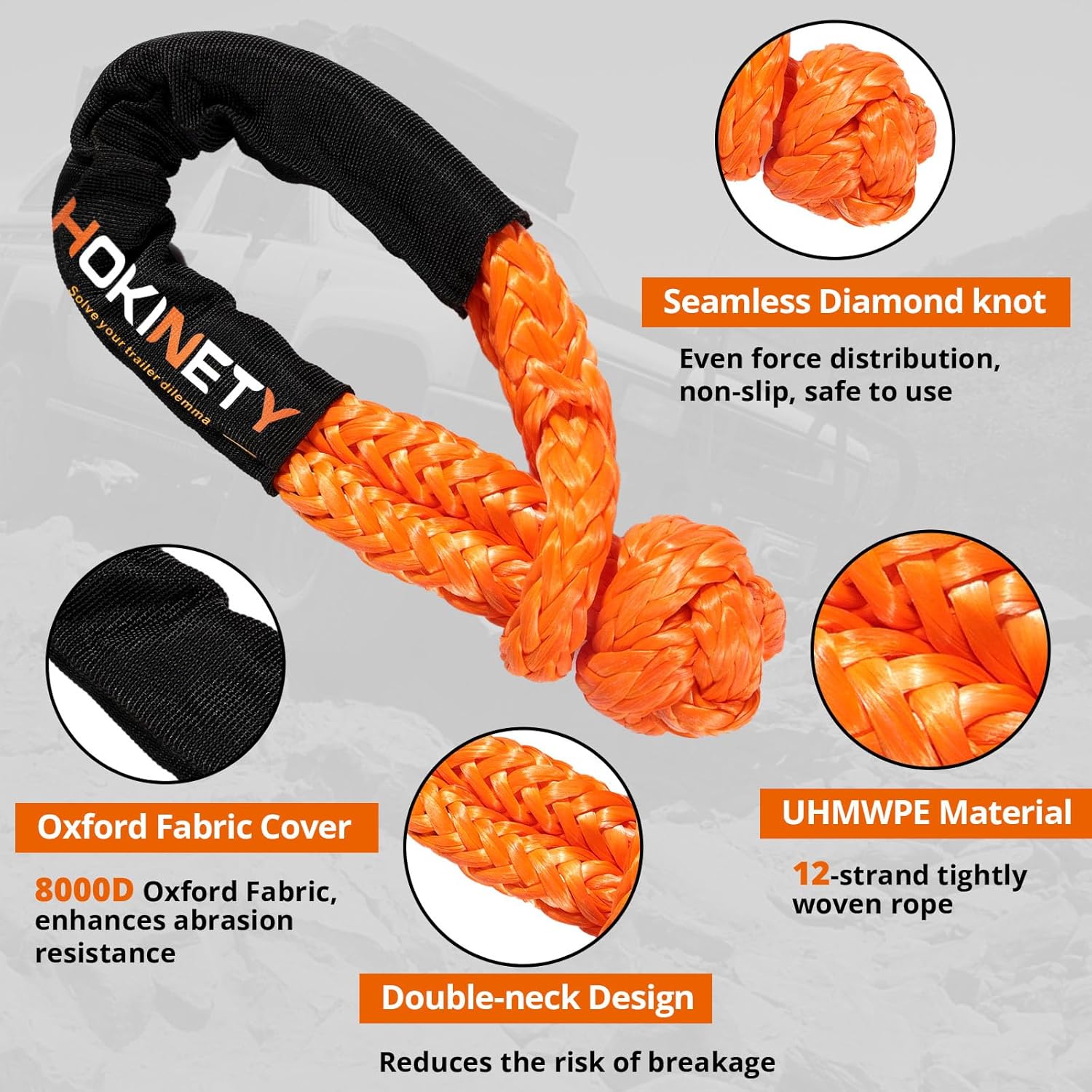 Kinetic Recovery Tow Rope: 1.26" x 30ft 55000LBS Snatch Strap with Soft Shackles Heavy Duty Offroad Towing Straps Kit for Trucks SUV UTV ATV Tractor Car Jeep - Black