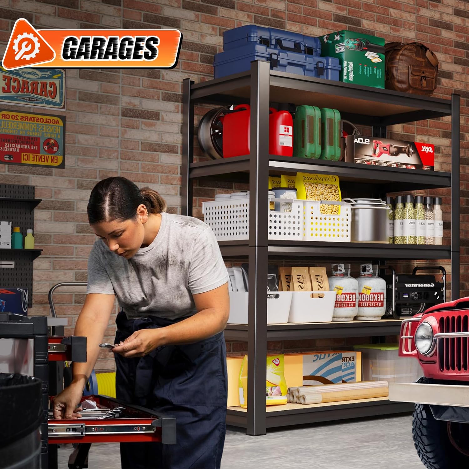72" H*46'' Storage Shelves 2500lbs Garage Shelving Adjustable Heavy Duty Garage Shelves Easy To Install Metal Shelving Wood Shelving Unit Storage Shelf for Basement Warehouse Industrial Kitchen Pantry