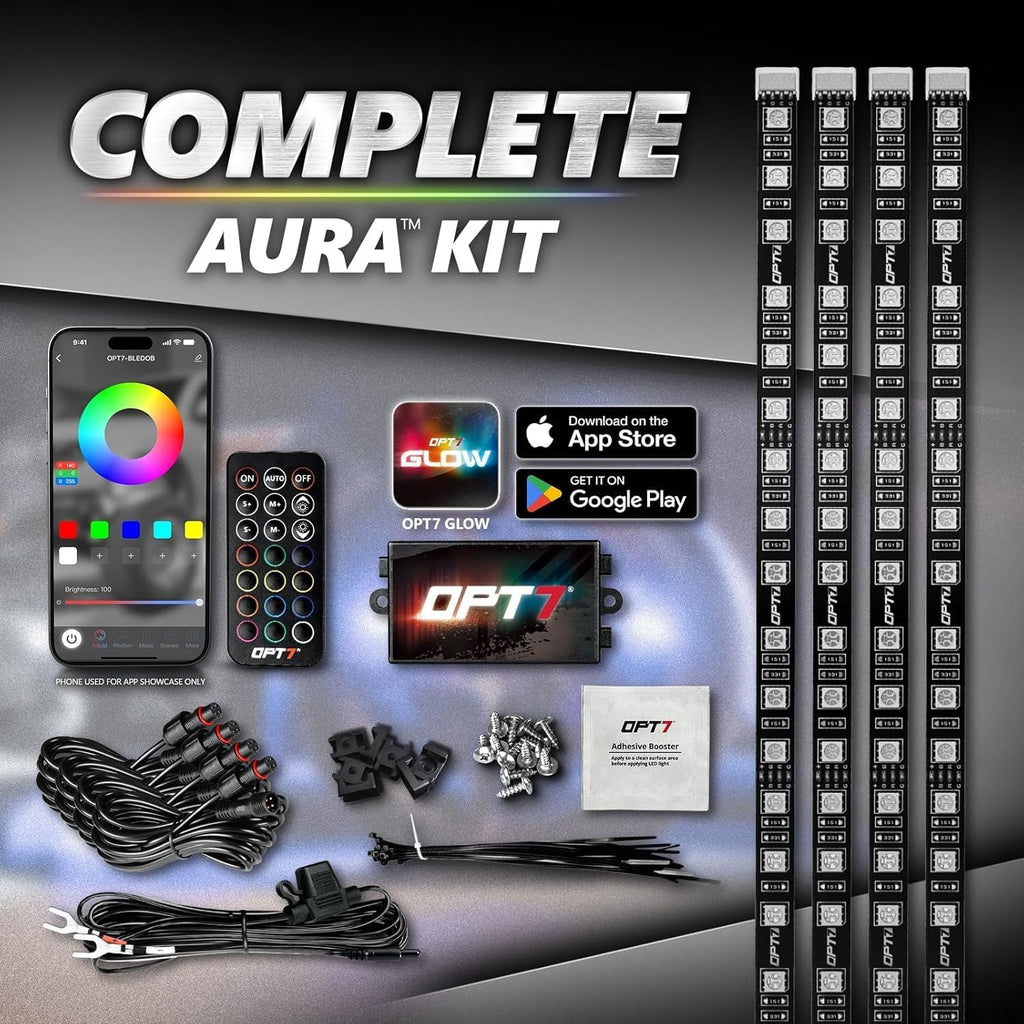 OPT7 Aura Pro RGB LED Grille Lights with App & Remote Control, 4pc 24" Light Strips, Waterproof Front Grill Lighting, Music Sync, Multi-Color, Trucks Decor Accessories for Tacoma Tundra 4Runner