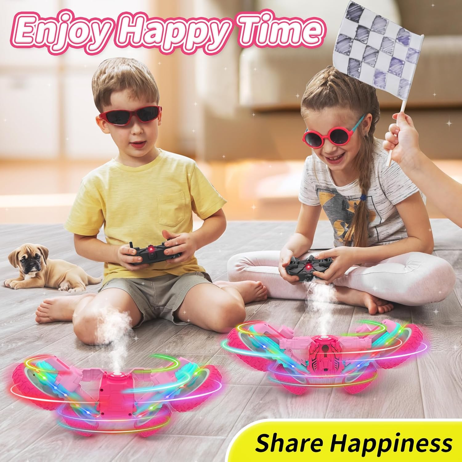 Remote Control Car for Girls, RC Cars 2.4GHz Fast RC Stunt with Strip Light, RC Trucks with Spray 4WD 360° Rotating, Off Road RC Cars Xmas Birthday Gift for Girls (Pink)