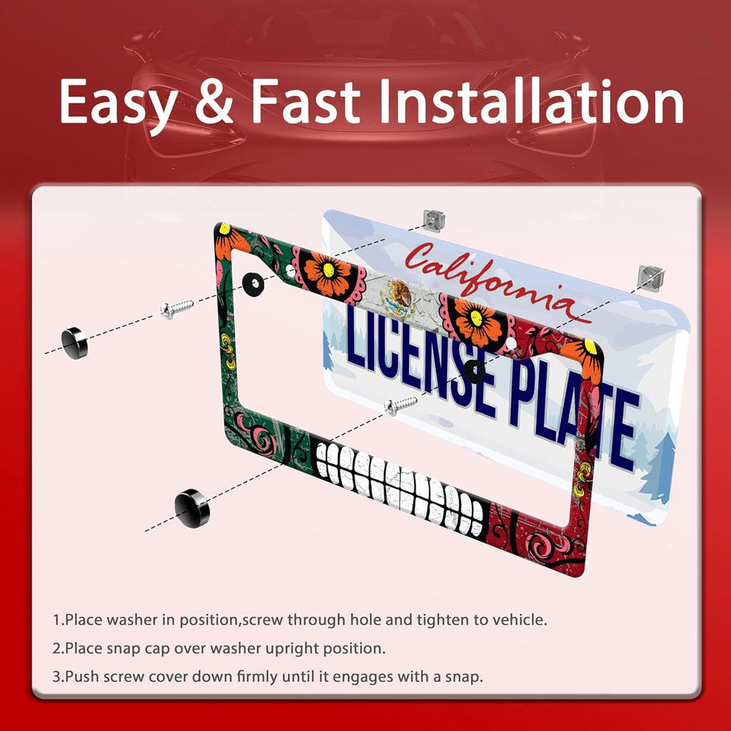 Personalized License Plate Frame Stainless Steel Mexico Flag Skull Funny Car License Plate Accessory Decorative 2 Holes and Screws Fits Us Standard License Plates Size: 12.2 X 6.3 Inch for Men Women