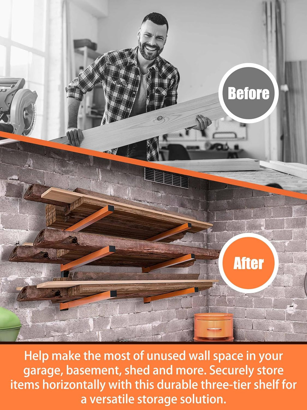 Caliee lumber Storage Rack Wall Mount, 3-Tier Garage Storage Organizer Holds Up to 1400 lbs, Lumber and Tool Rack for Garage, Basement, Workshop, Rustproof & Space-Saving Design (2)