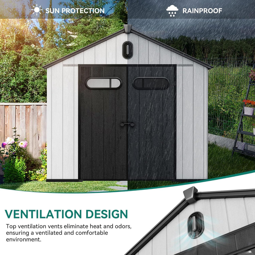 YITAHOME 8x8ft Resin Storage Structure, Outdoor 427 cuft Plastic Garden Storage Unit with Windows, Vents and Lockable Entrance, Waterproof Tool Organizer with Flooring for Lawn Equipment