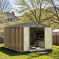 Patiowell 8x10 FT Outdoor Storage Shed with Floor Frame, Large Garden Tool Metal Shed with Sloping Roof and Double Lockable Door, Outdoor Shed for Backyard Garden Patio Lawn,Brown