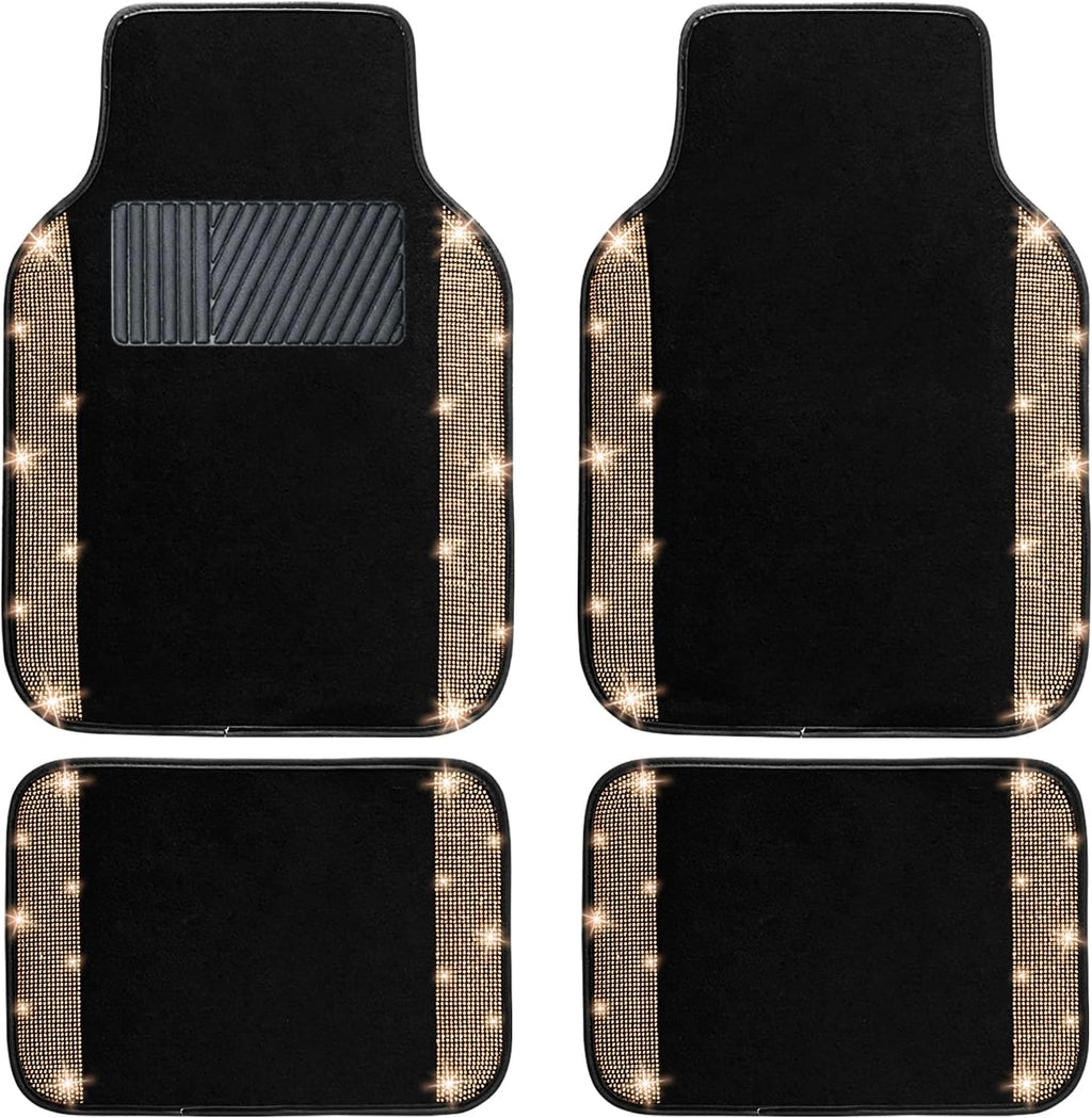 NBTEPEM Gold Bling Car Floor Mats Full Set, Universal Fit Most Cars,SUV, Trucks, 4 pcs Sparkle Glitter Diamond Carpet for Women Girls with Anti-Slip Pad (Gold Diamond)