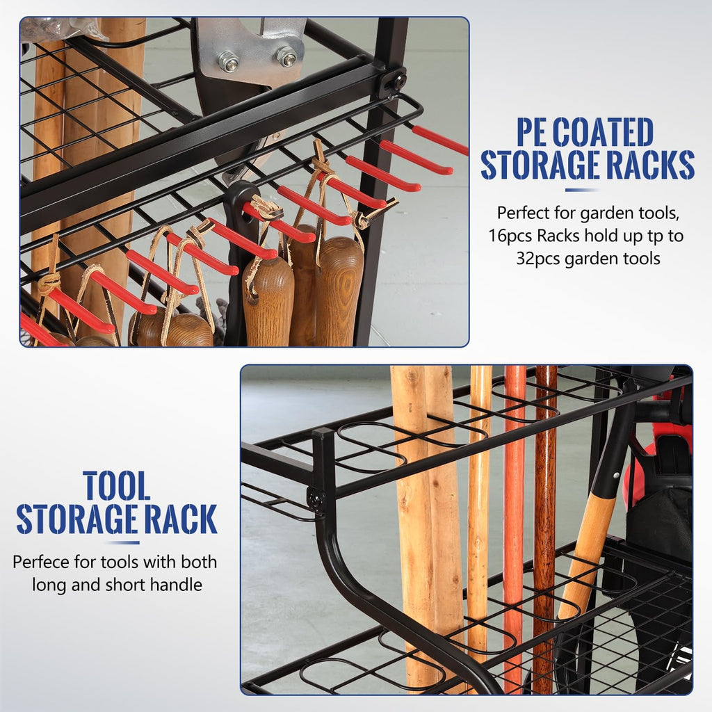 Mythinglogic Garden Tool Organizer for Garage, Yard Tool Rack with Wheels, Garage Organizers and Storage Holder for Yard Tools (Deluxe Tower)