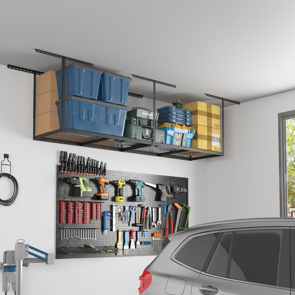 FLEXIMOUNTS 2x8 Garage Storage Rack, Adjustable Overhead Storage Organization System, Heavy Duty Metal Ceiling Rack, 400lbs Weight Capacity, Black