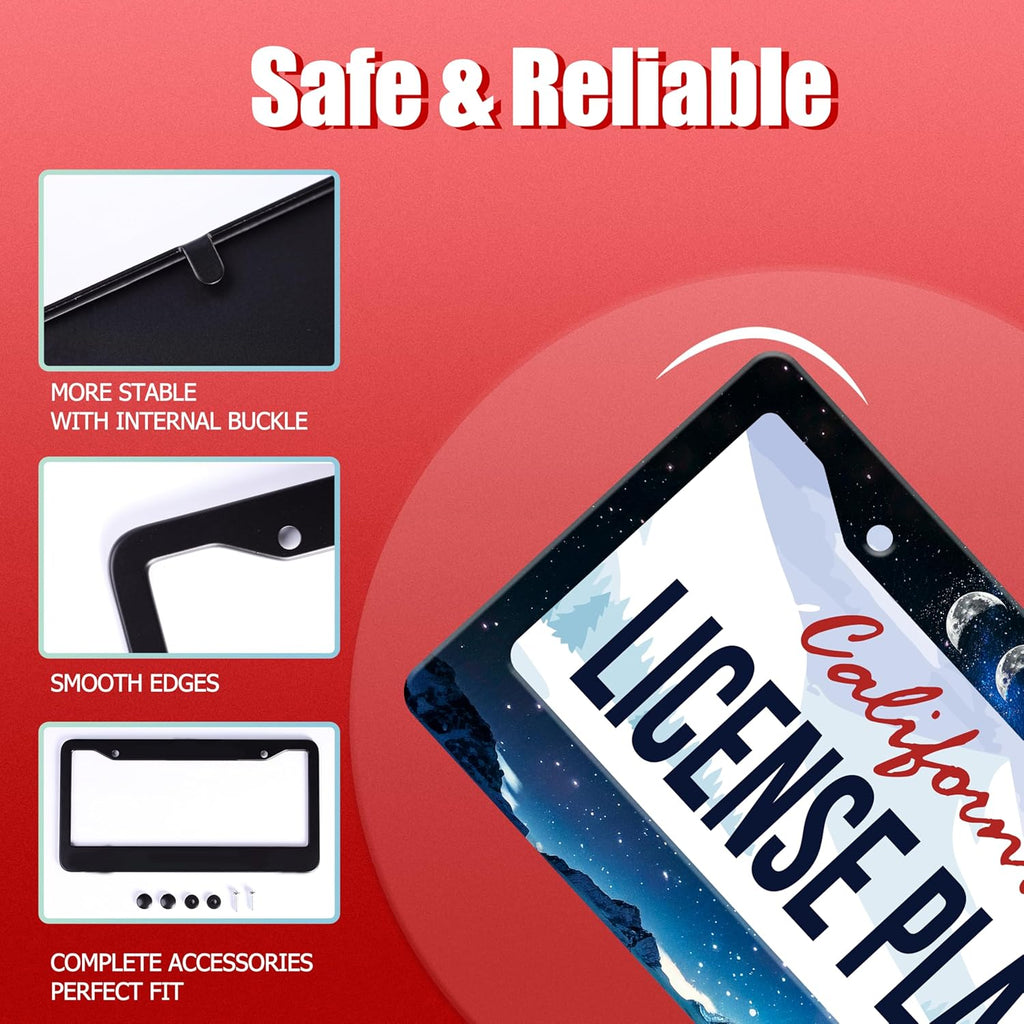 Personalized License Plate Frame Moon Phase Mountains Stainless Steel Accessory License Plate Holder Funny Car Decorative 2 Holes Screws Fits Us Standard License Plates 12.2 X 6.3 in for Men Women
