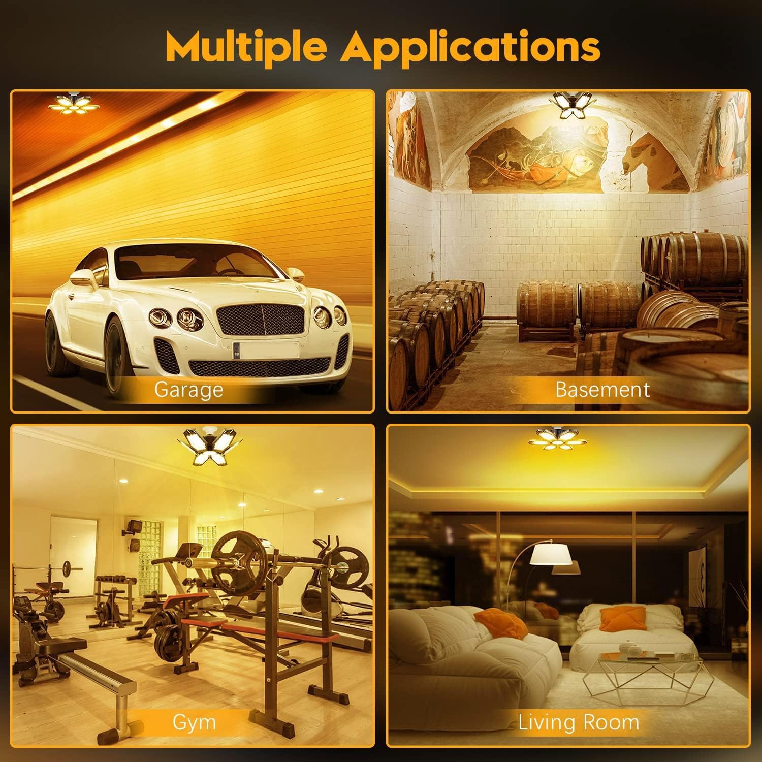 TANBABY 2 Pack Garage Light Warm 150W Led 3000k Garage Lighting 12000LM [Equivalent] Deformable Garage Light Ceiling with 6 Panels E26/E27 Base Illuminator 360 Basement Lights for Shop