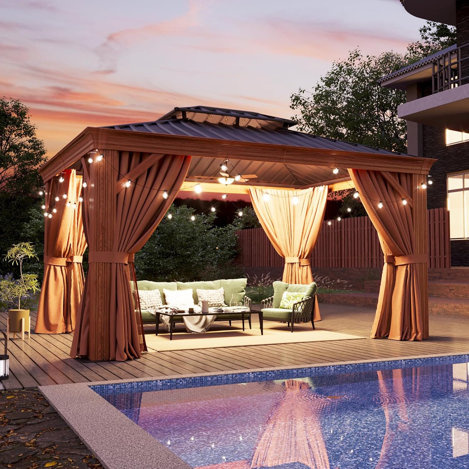Aoxun 10' x 12' Hardtop Gazebo, Wooden Finish Coated Aluminum Frame Canopy, Galvanized Steel Double Top, Outdoor Permanent Metal Pavilion with Curtains and Netting, for Backyard, Patio and Deck