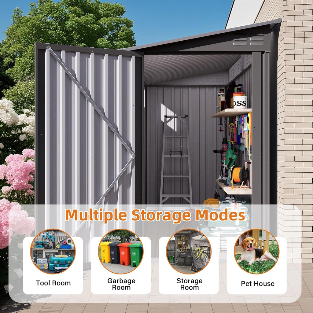 4x9 FT Outdoor Storage Shed,Lean to Metal Shed W/Window,All Weather Waterproof Garden Storage Shed W/ 6 Air Vents & 1 Lockable Door,Weatherproof Tool House W/Sloped Roof,for Lawn,Gray