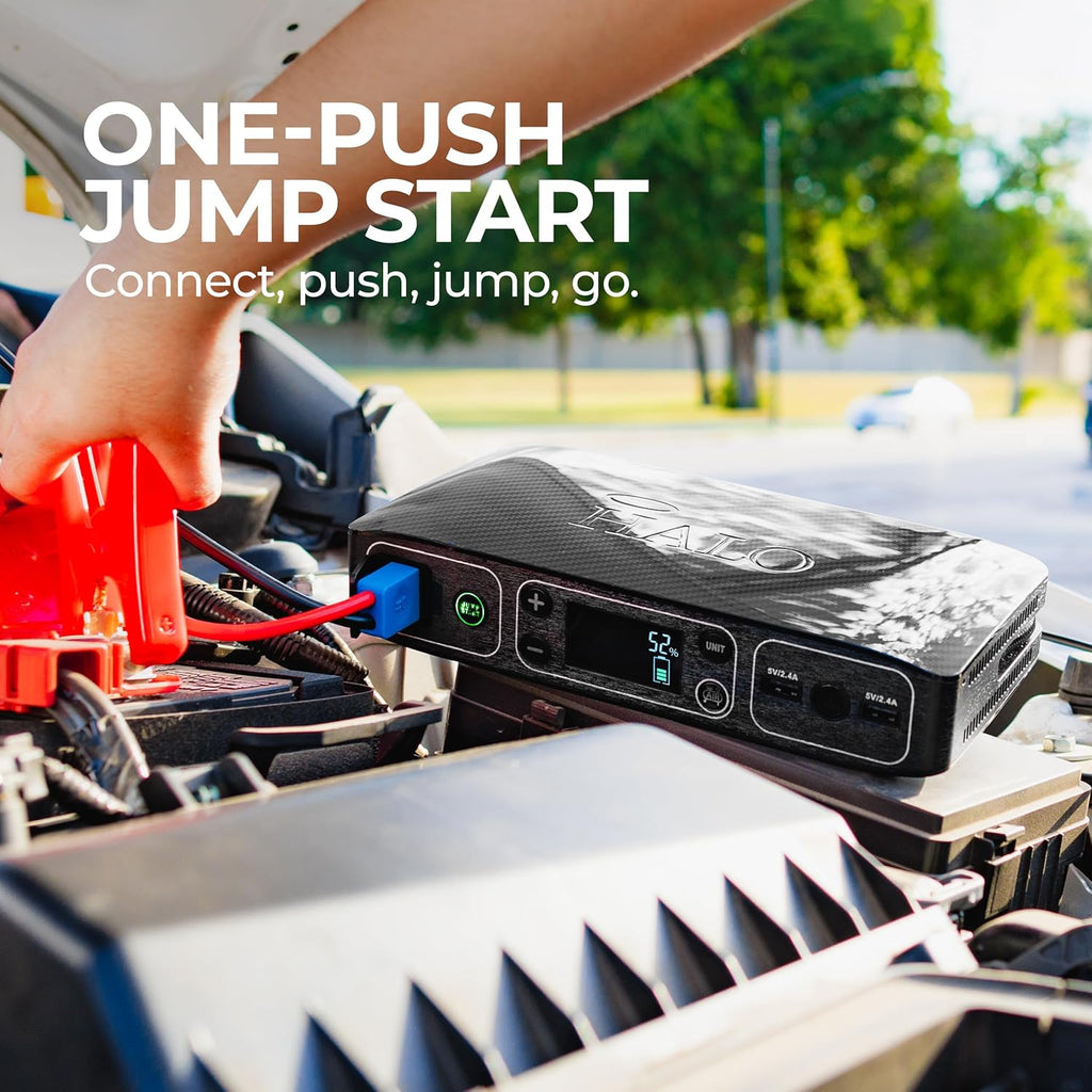 HALO Bolt Air 58830 Portable Car Battery Jump Starter | 100 PSI Air Compressor, 58.8Wh USB Power Bank, Emergency Floodlight & Charger, Jumps Cars SUVs & Trucks, Inflates Tires, TSA Approved — Black